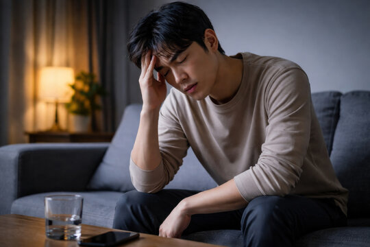 Melancholy young Asian man sitting alone at home late at night, holding his head, feeling dizzy and exhausted, mental health concept.