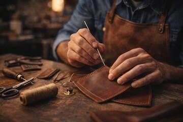 Close-up of a skilled artisan's hands meticulously stitching a handmade leather wallet at a vintage wooden workbench. The scene showcases traditional craftsmanship, specialized leatherworking tools, a