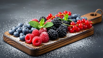 A vibrant medley of fresh assorted berries on a rustic wooden board, sprinkled with powdered sugar