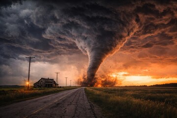 Powerful massive tornado touching down in a rural field near an old farmhouse at sunset, featuring dramatic storm clouds, flying debris, and intense orange twilight lighting over a country road