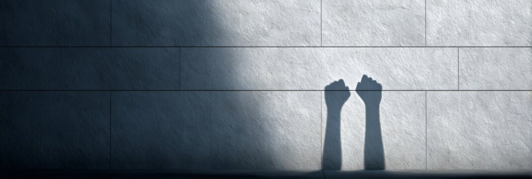Two fists are raised in protest, casting shadows on a wall, symbolizing resistance against immigration raids and advocating for human rights