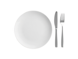 Table setting with plate and utensils isolated on white background