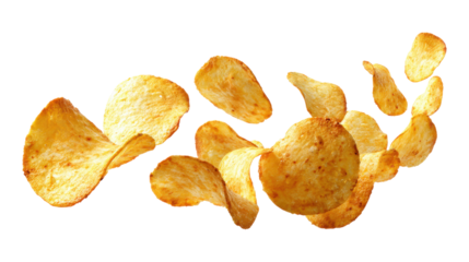 Flying potato chips snack in motion with crumbs falling on transparent background tasty