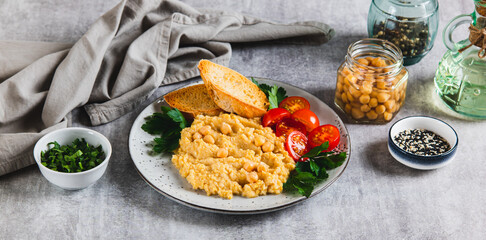 Chickpea puree, tomatoes, toast and greens on a plate on the table web banner