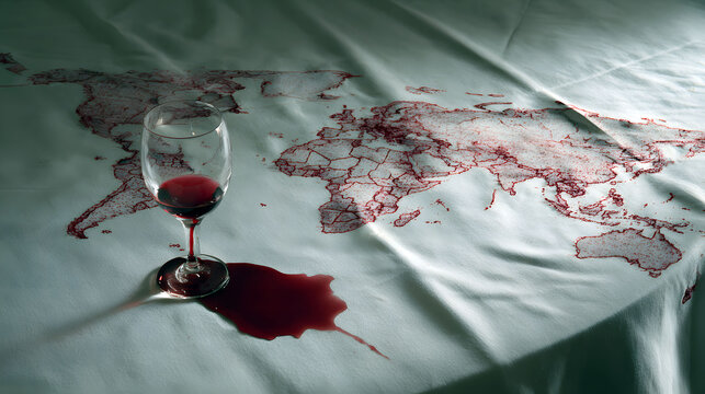 Red wine spill shaped like world map