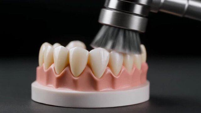 High-speed brush polishing a model tooth crown featuring sparkling reflections and a hyper-clean commercial aesthetic, 4K.