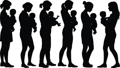 Silhouettes of Six Adults Holding Babies in Standing Poses for Parenting, Family, Childcare, and Human Relationship Design Themes