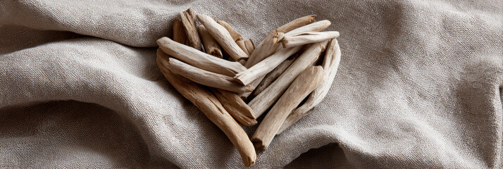 Driftwood heart rustic decor natural wood eco friendly handmade craft neutral fabric soft texture romantic gift love symbol coastal style. Driftwood heart rests on linen, cozy rustic mood