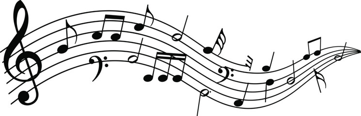 Flowing musical notes on curved staff line with treble clef, black and white melody wave, minimalist music vector background, artistic song. © Samina