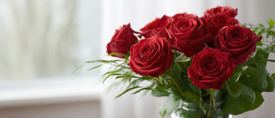 Romantic red rose bouquet fresh flower arrangement in glass vase soft natural light green foliage delicate petals elegant home decor tender love mood fair trade feel