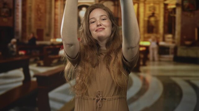 Smiling redhead woman eagerly points finger to camera in ornate historic building among wooden pews; playful energy.