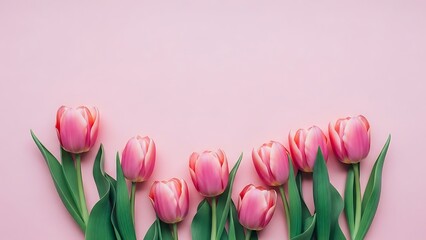 Fototapeta premium Pink Tulips Arranged On A Soft Pink Background flowers