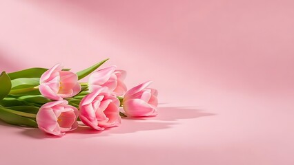 Obraz premium Pink Tulips with Soft Shadows on Pink Background spring flowers