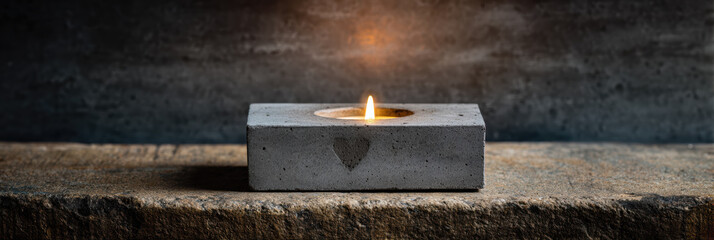 Minimal candle concrete holder heart engraving soft flame warm glow rustic stone moody lighting eco decor modern design romantic gift. Minimal candle concrete holder with heart engraving
