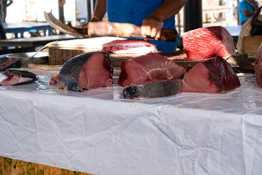 A fish stall at the Negombo fish market in Sri Lanka. Early morning at the Negombo fish market. An Asian fresh fish market.