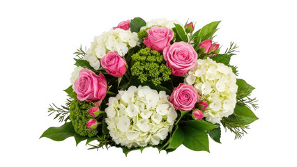 Vibrant flower bouquet with roses and hydrangeas isolated on white background