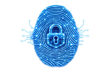 Fingerprint with digital lock and electronic circuit protecting biometric data, identity, and security, transparent background