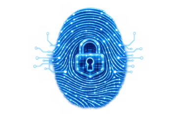 Fingerprint with digital lock and electronic circuit protecting biometric data, identity, and security, transparent background