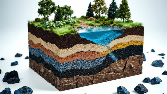 Detailed cross-section model of layered earth strata with a visible water table and surface vegetation, concept for geology project, environmental study and natural resource illustration