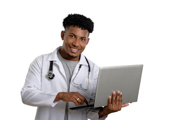 Smiling doctor uses laptop for online consultation