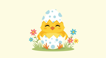 Cute yellow Easter chick hatching from a blue-spotted eggshell surrounded by colorful spring flowers on a light yellow background.