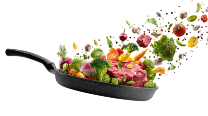 Frying pan with fresh meat and vegetables in motion for healthy cooking meal preparation