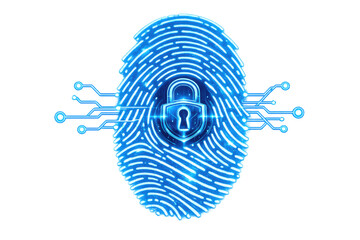 Fingerprint with secure padlock icon, biometric cybersecurity concept, digital identity and data protection technology