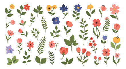 Obraz premium Comprehensive collection of various colorful flowers and green leaves in different shapes and sizes on a white background.
