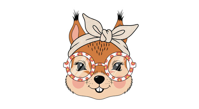 Cute squirrel head character wearing a polka dot headband and round floral glasses in a whimsical animal illustration.