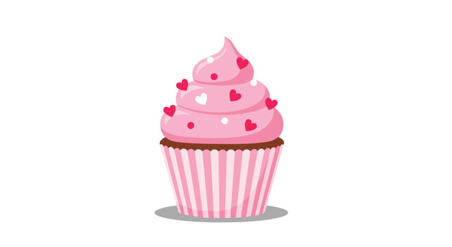 Pink swirled icing cupcake decorated with red and white hearts in a striped pink wrapper for valentine themes.