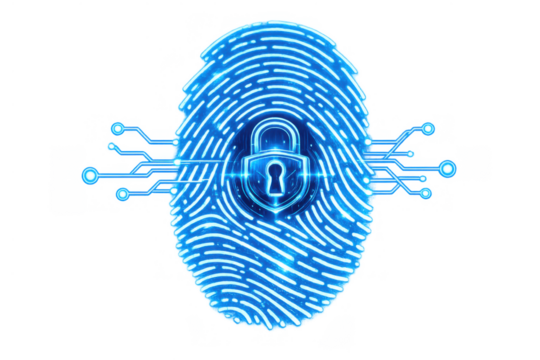 Fingerprint with secure padlock icon, biometric cybersecurity concept, digital identity and data protection technology - Powered by Adobe