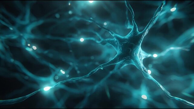 Closeup of glowing neuron cells with bright synaptic connections in futuristic blue sci-fi de