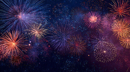 Vibrant fireworks exploding in night sky with colorful bursts