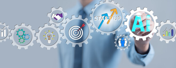 Businessman interacting with virtual gears displaying AI, startup, innovation, and data analytics concepts, symbolizing automation, digital transformation, and modern business strategy.