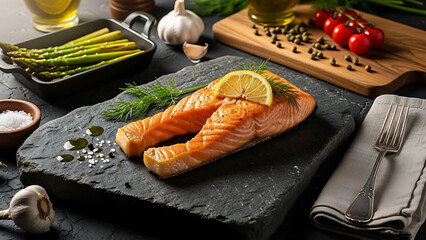 Gourmet salmon dish with fresh accompaniments