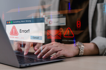 Cybersecurity warning concept showing system error and hacking alert messages on a computer screen, representing data breach, malware attack, and online security risks in digital environments.