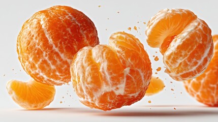 Four peeled tangerine or mandarin orange segments appearing to fall, isolated on white backgrounded