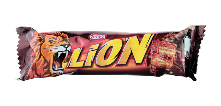 Lion chocolate bar in package, isolated on transparent background. Lion is a brand of chocolate bar currently owned and manufactured by Nestle