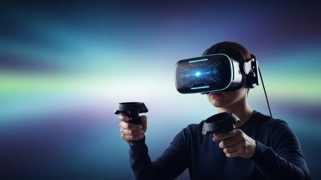 Person wearing a virtual reality headset and holding controllers, immersing in a digital world with futuristic lighting effects