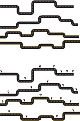 City road and highway top view. Transport icons. Aerial view of asphalt street and Road from above with footpaths and crossroads. Circle, Roundabout and curve roadway parts of single and double roads.