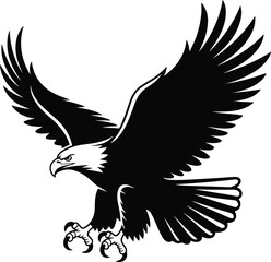 Obraz premium Flying eagle silhouette with spread wings and sharp talons representing power freedom strength wildlife predator and bold emblem design concept