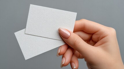 Womans hand holding a pair of blank white paper tickets or coupons for mockup, isolated on white backgrounded