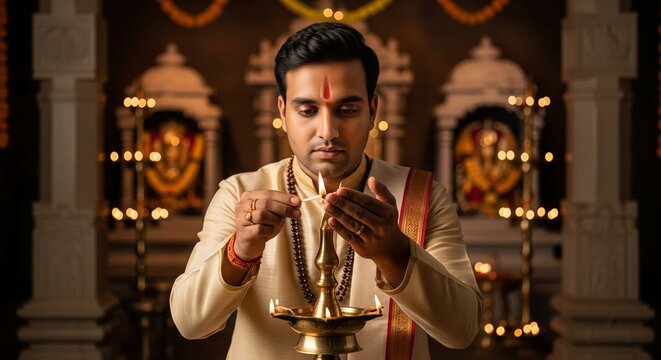 Indian man lighting oil lamp for a traditional Hindu puja ritual or Maha Shivaratri festival in a temple setting, representing faith and devotion.