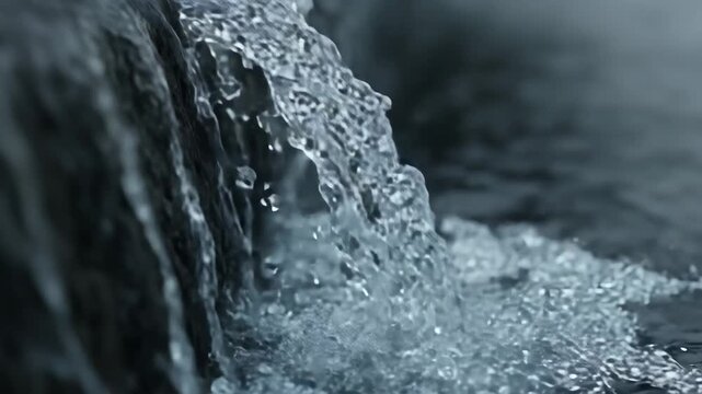 4K Closeup of fresh water flowing and splashing over a dark, textured surface, creating dynamic ripples and abstract patterns video
