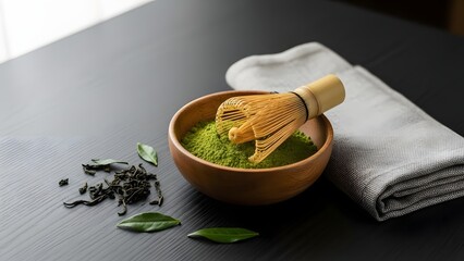Traditional japanese matcha tea preparation with vibrant green powder and a bamboo whisk