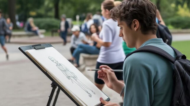 A teenager practicing quick gesture sketches of park visitors  