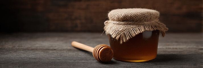 Rustic honey jar wooden dipper burlap cover natural sweetener golden amber glass container farmhouse style wooden table cozy mood homemade feel&acirc;&euro;&rdquo;A rustic honey jar with burlap cover and wooden