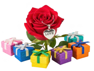 Single red rose with love charm surrounded by colorful gift boxes isolated on transparent background