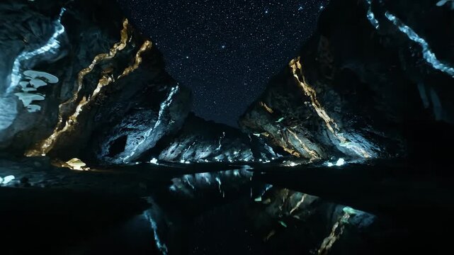 Surreal night journey through a glowing cavern with a starry sky and reflective water.
