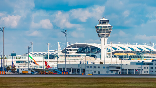 Sunny summer day with the airport tower in the background at Munich airport, MUC, Freising, Bavaria, Germany